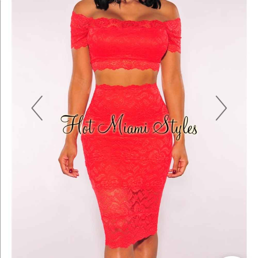 Sexy Red Lace Off Shoulder Two Piece Set (cocktail dress)